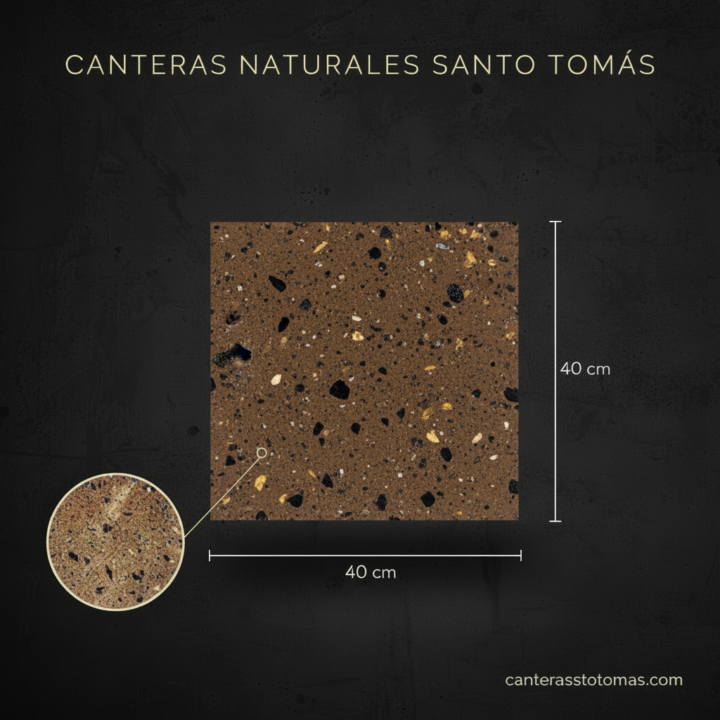 Muestra de cantera Café Galindo de 40x40 cm, piedra natural con textura detallada para revestimiento y fachadas.