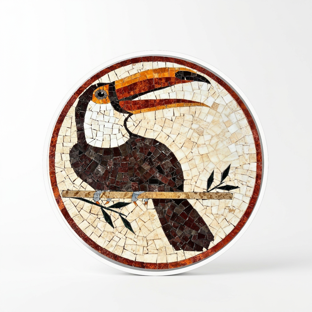Tapete de mosaico de mármol artesanal Modelo #17, medallón redondo con diseño de tucán en tonos café, blanco y crema con pico naranja sobre fondo crema y borde terracota