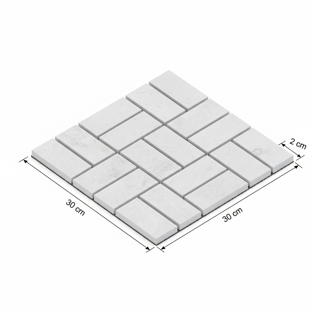 Malla Coconut 30x30x2cm - render 3D isométrico con dimensiones exactas