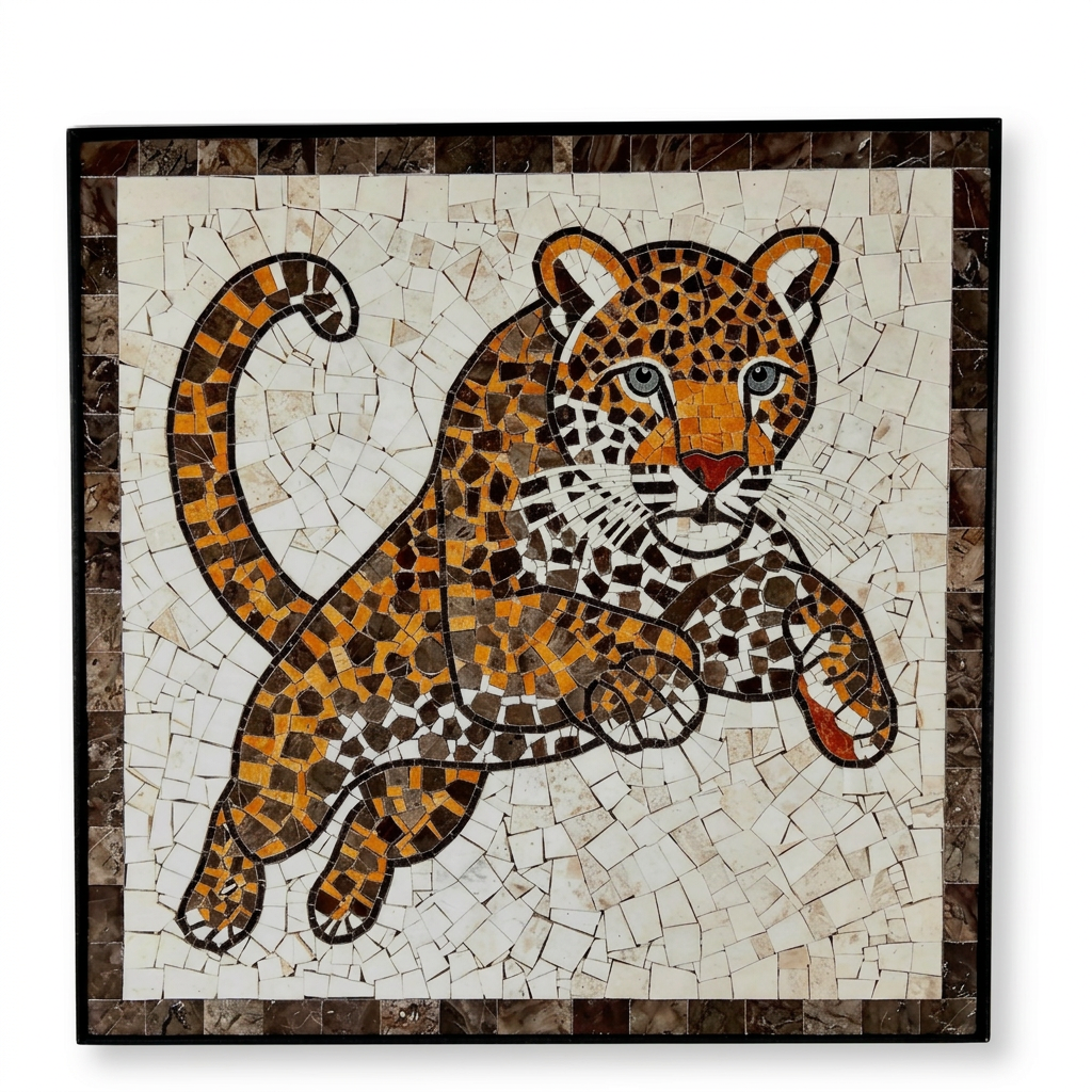 Tapete de mosaico de mármol artesanal Modelo #18, pieza cuadrada con diseño de jaguar en salto en tonos café, naranja y blanco sobre fondo crema con borde café oscuro