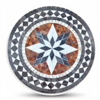 Tapete de mosaico de mármol artesanal Modelo #15, medallón redondo con diseño de estrella en tonos blanco, azul y gris sobre fondo terracota con borde geométrico
