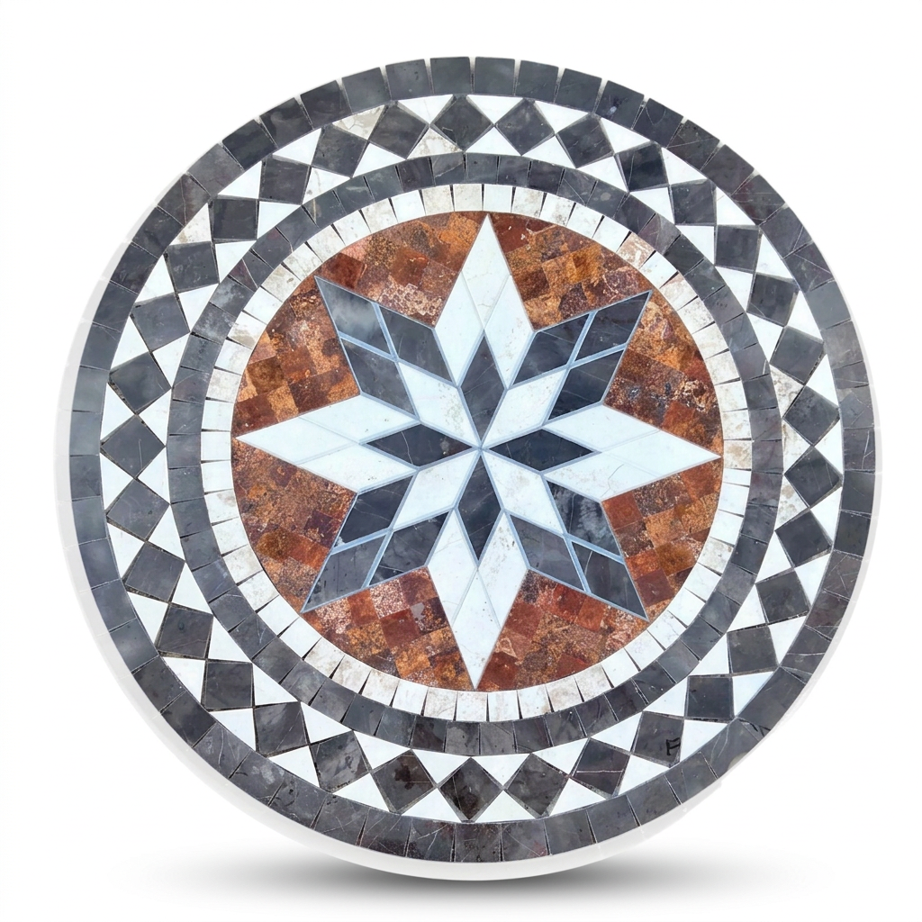 Tapete de mosaico de mármol artesanal Modelo #15, medallón redondo con diseño de estrella en tonos blanco, azul y gris sobre fondo terracota con borde geométrico
