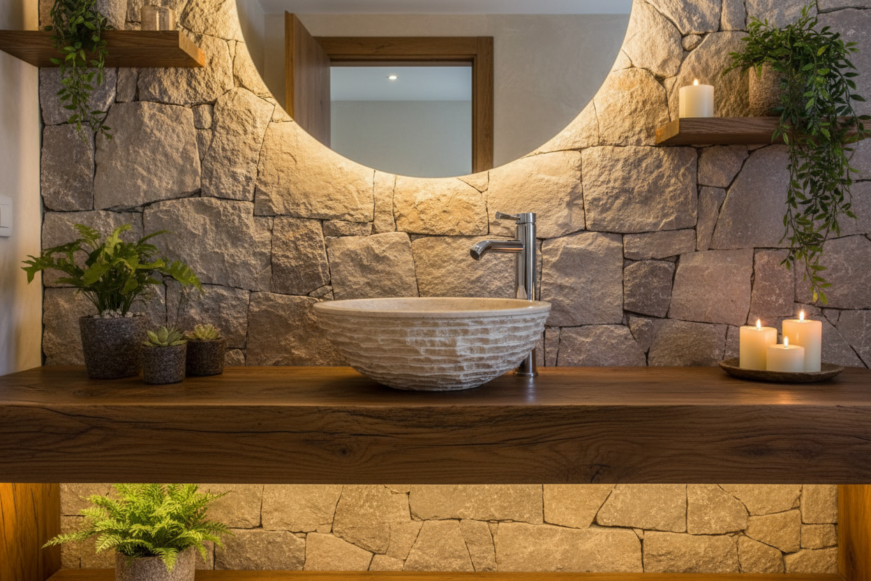 Ovalín Redondo Rústico Blanco instalado en baño rústico spa con madera oscura