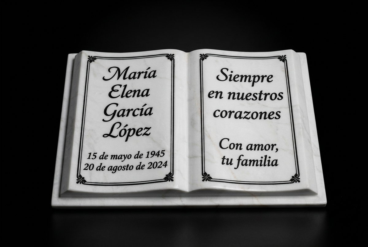 Libro conmemorativo de mármol claro sobre fondo negro con nombre y fechas ficticios.