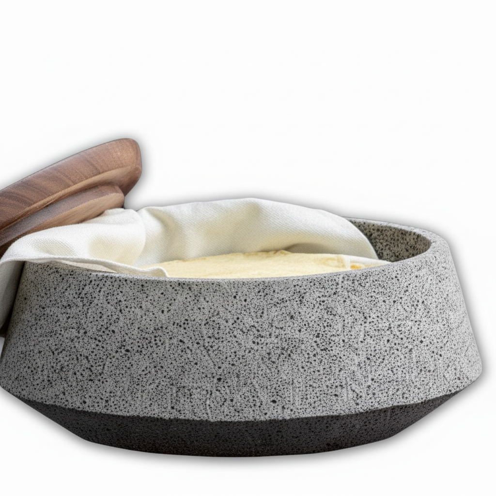 Detalle textura piedra volcánica y forro de tela del tortillero