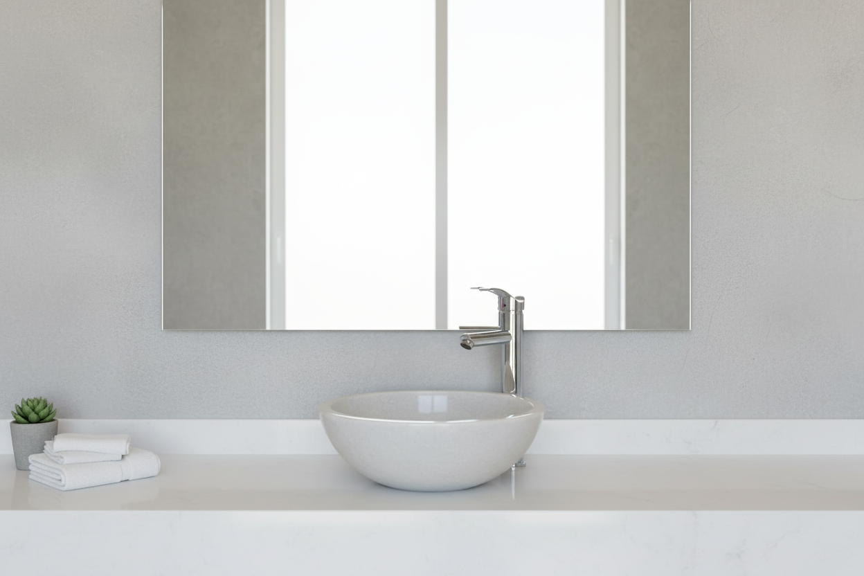 Ovalín Redondo Blanco Bego instalado en baño minimalista luminoso
