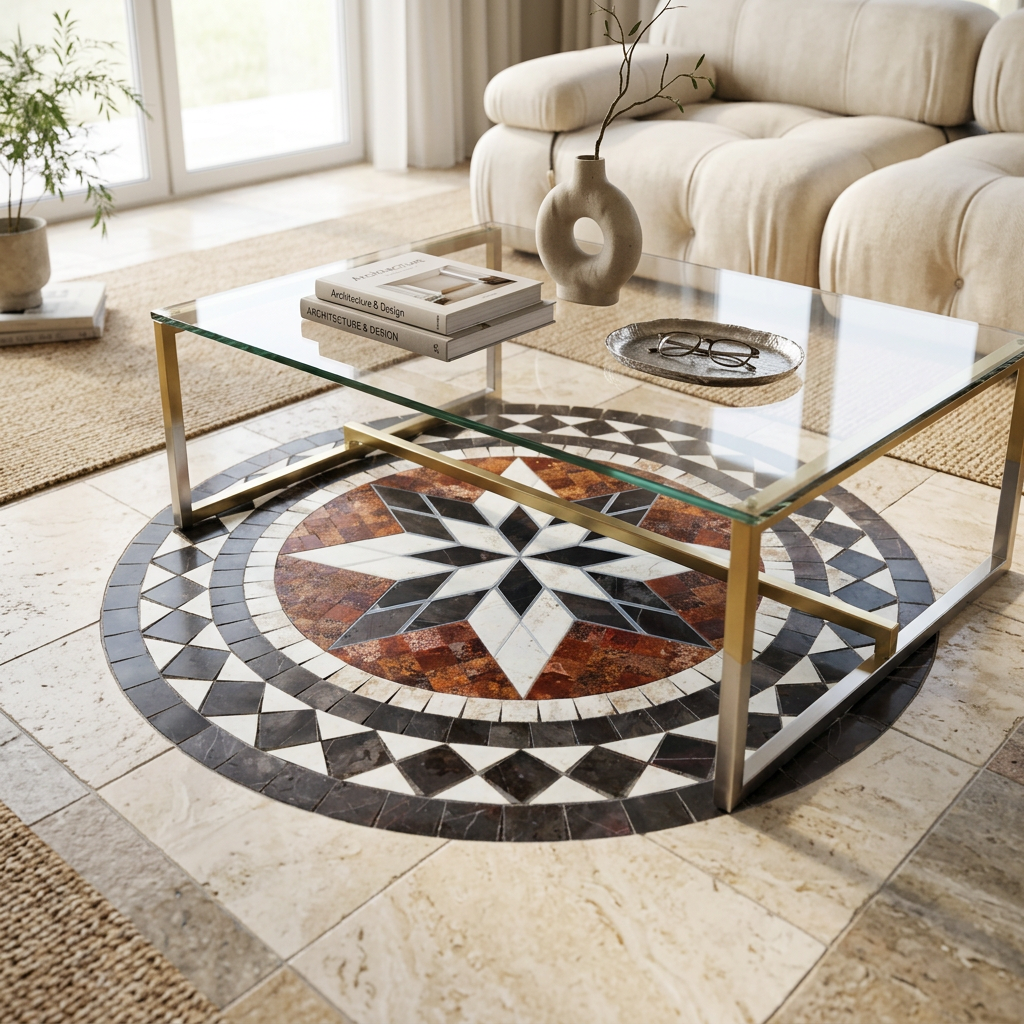 Tapete Modelo #15 instalado como acento decorativo en el piso de una sala bajo mesa de centro