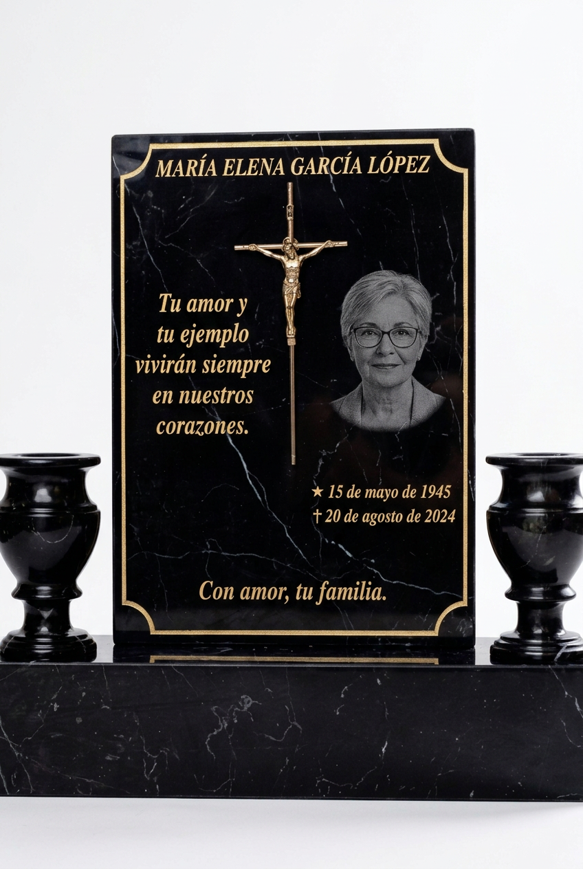 Detalle del grabado de muestra y retrato ficticio en escala de grises sobre mármol negro.