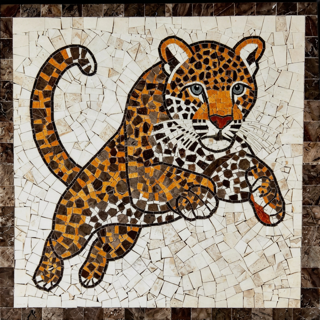 Detalle macro del mosaico del Tapete Modelo #18 con la cabeza del jaguar y las teselas crema
