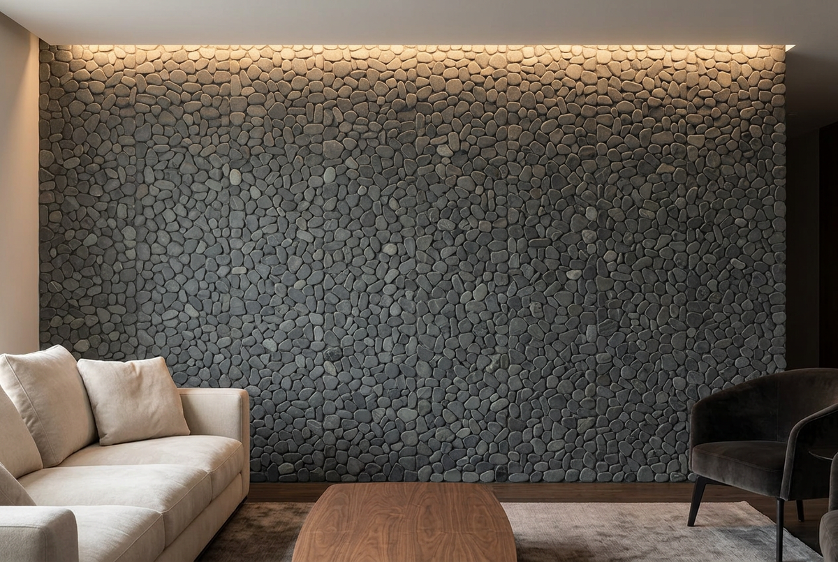 Ambientación ilustrativa de sala con muro revestido de mosaico irregular de piedra gris.