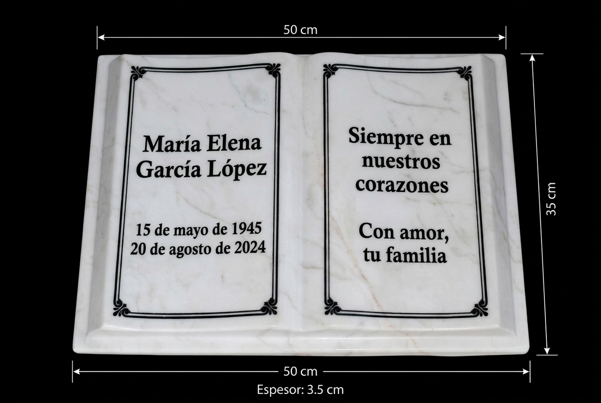 Libro conmemorativo con medidas de 50 cm de ancho, 35 cm de alto y 3.5 cm de espesor.