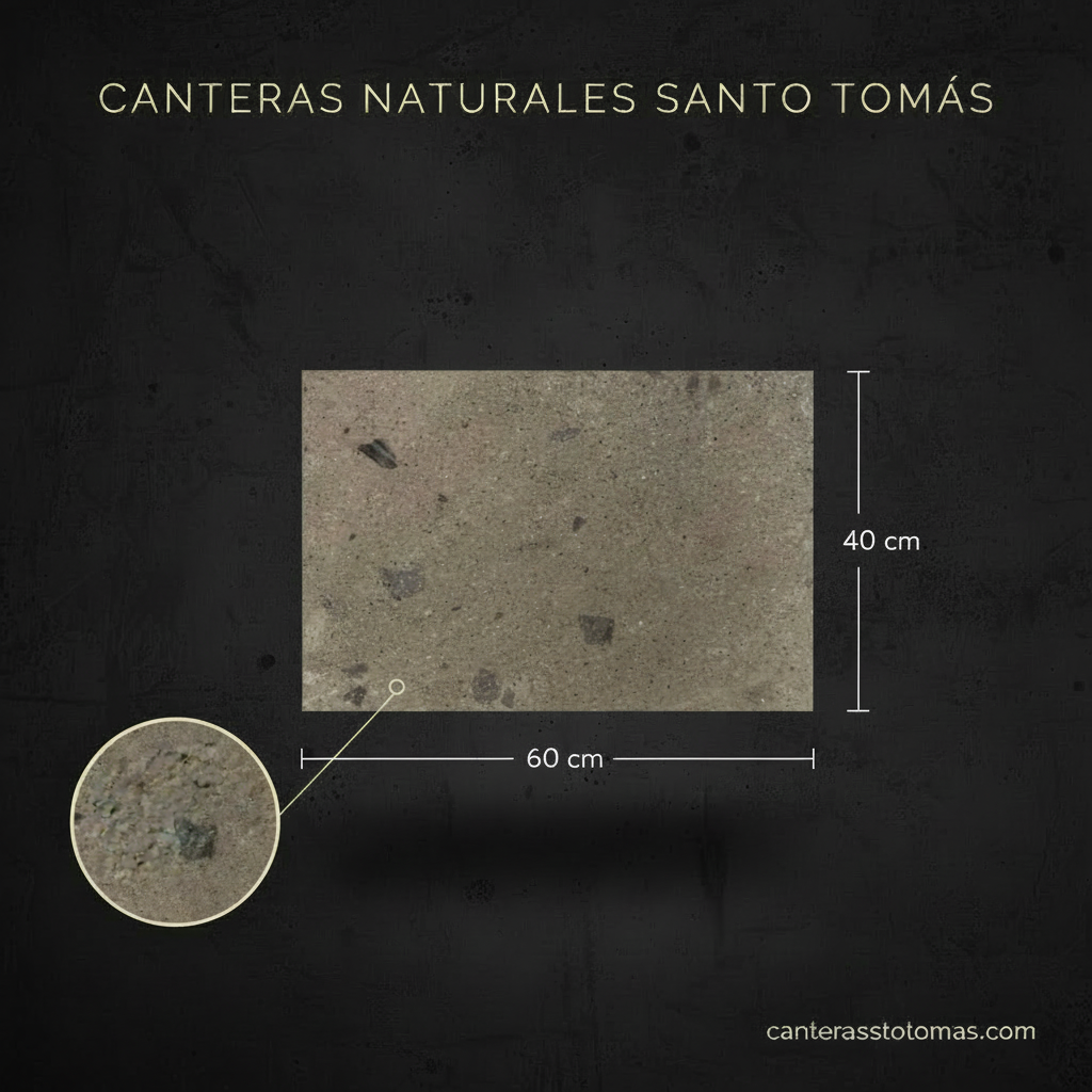 Placa de Cantera Gris Remedios de 60x40 cm para revestimiento arquitectónico con detalle de textura natural porosa.