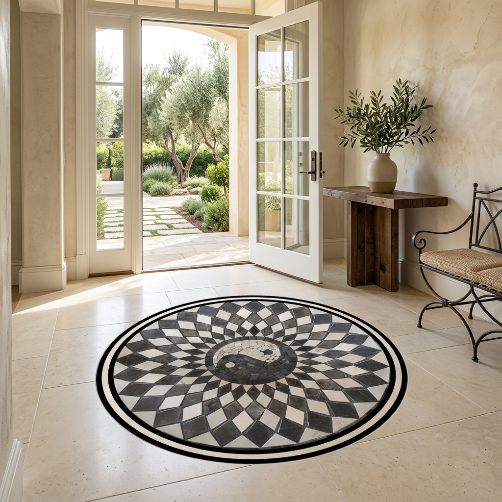 Tapete Modelo #16 instalado como medallón decorativo en el piso de un recibidor elegante