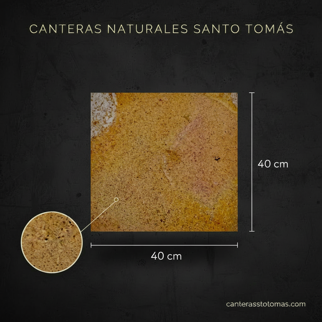 Cantera Amarilla Pinta de 40x40 cm para fachada, con textura natural de piedra y medidas sobre fondo oscuro.