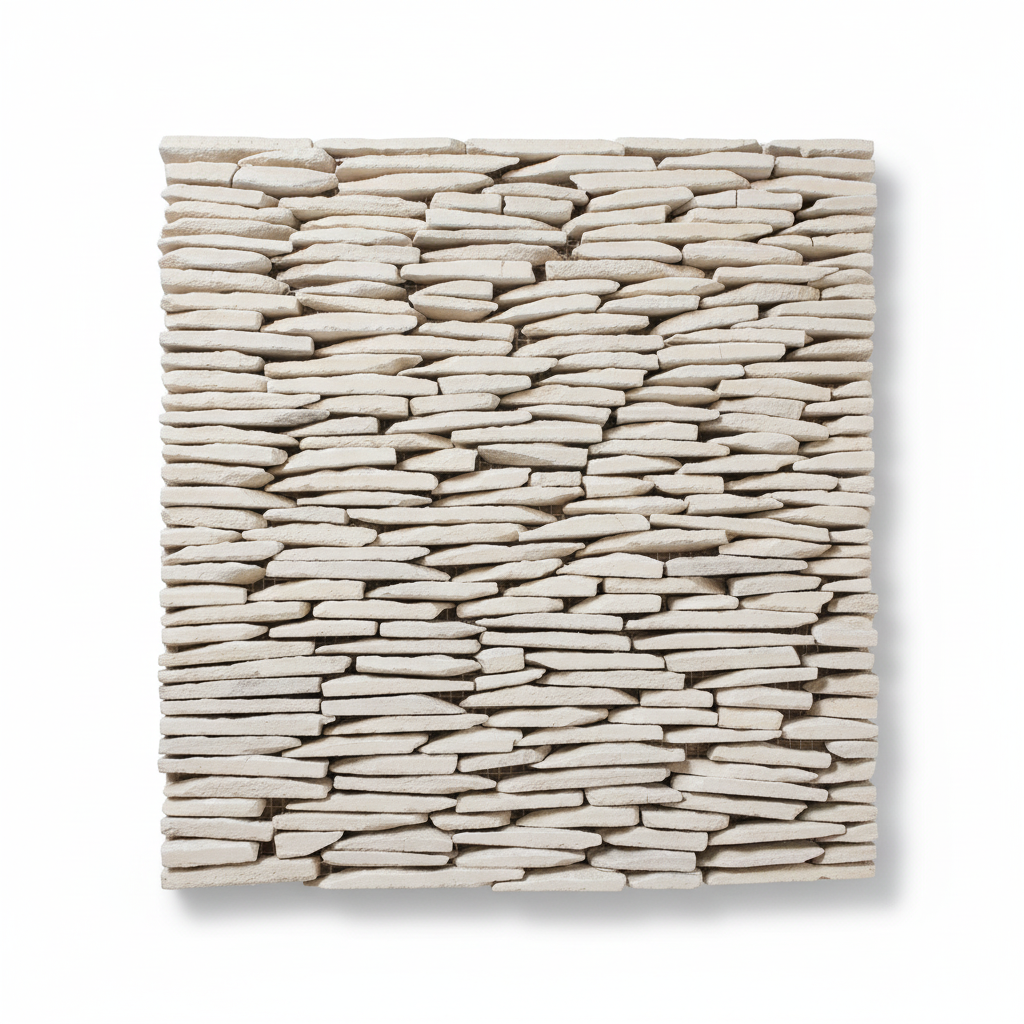 Malla Mil Hojas Blanco Cantera - Vista frontal mostrando relieve 3D de piezas apiladas