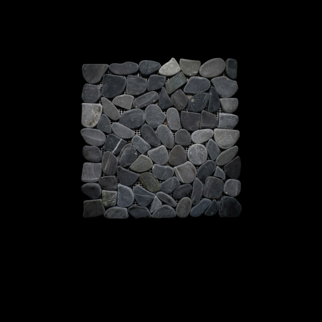 Malla de piedras irregulares grises con vetas sutiles sobre fondo negro.