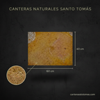 Cantera Amarilla Pinta de 60x40 cm para fachada, piedra natural con textura rugosa y medidas exactas.