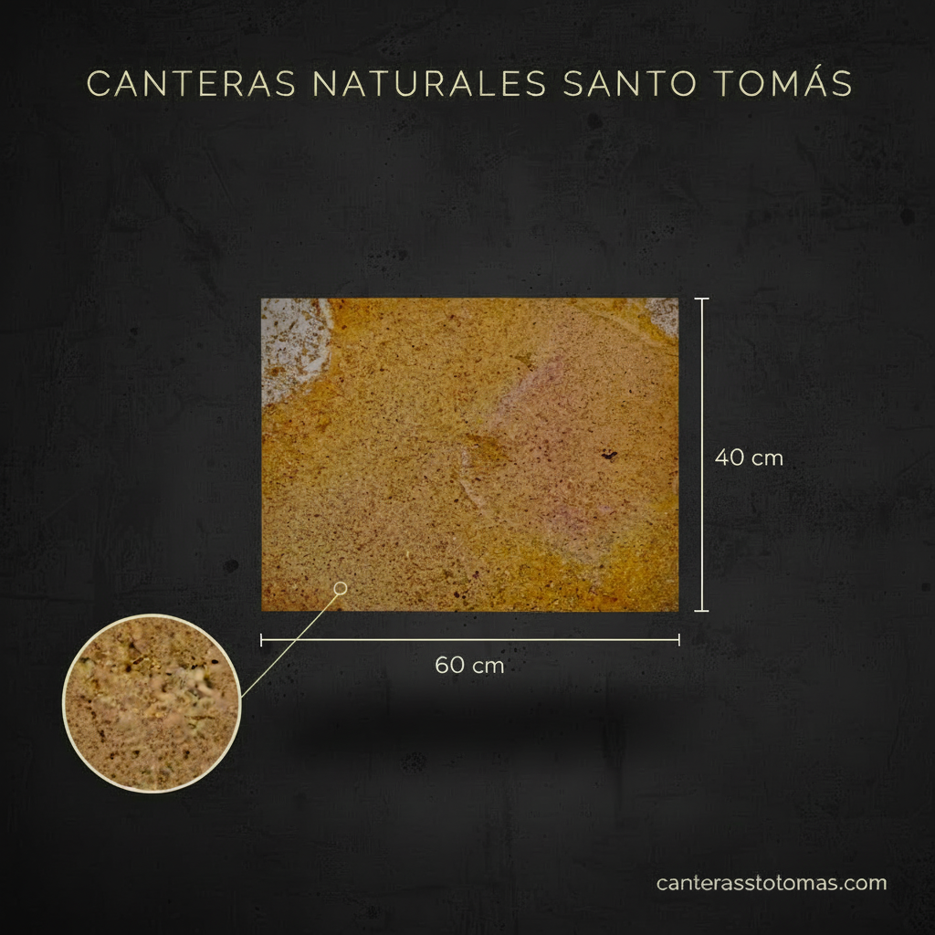 Cantera Amarilla Pinta de 60x40 cm para fachada, piedra natural con textura rugosa y medidas exactas.