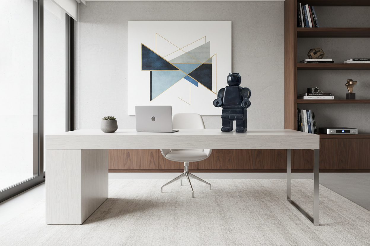 Figura LEGO de mármol negro como pieza de arte contemporáneo en oficina moderna de coleccionista