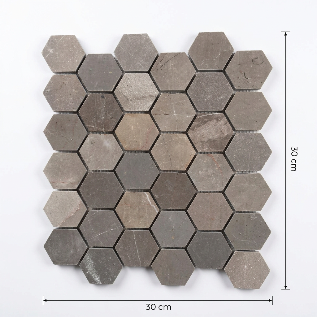 Vista técnica ilustrativa de malla hexagonal gris con medidas de 30 por 30 cm.