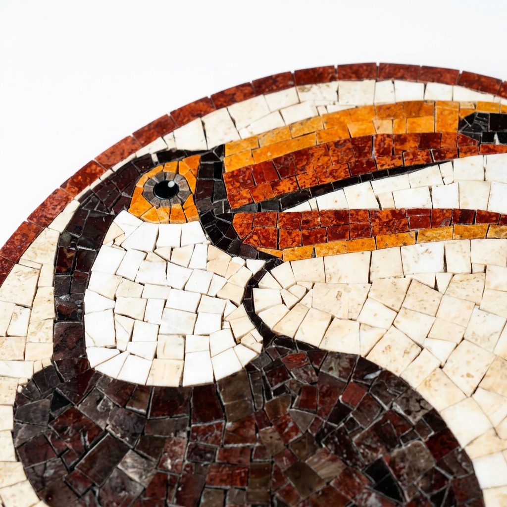 Detalle macro del mosaico del Tapete Modelo #17 con la cabeza del tucán y su pico naranja