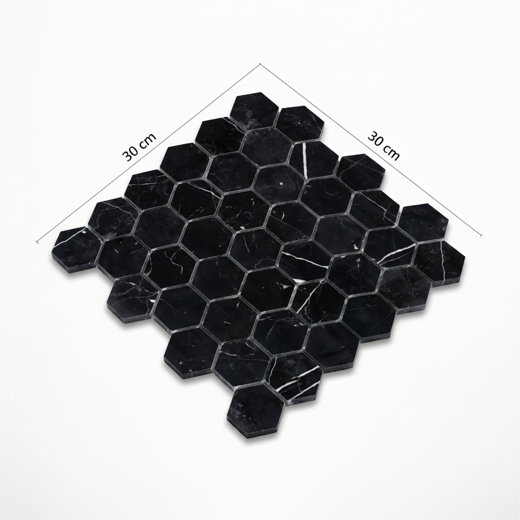 Vista isométrica ilustrativa de malla hexagonal de mármol negro con cotas de 30 por 30 cm.