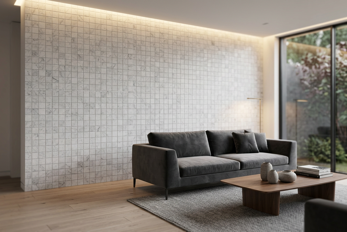 Ambientación ilustrativa de sala con muro de mosaicos cuadrados de mármol blanco.