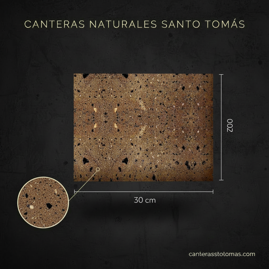 Muestra de Cantera Café Galindo de 30x30 cm con detalle de textura porosa natural para revestimiento de fachadas.