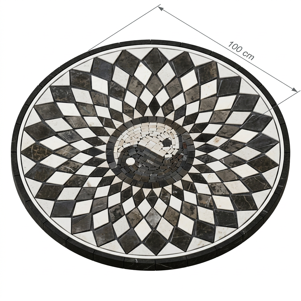 Render isométrico del Tapete de Mármol Artesanal Modelo #16 con medidas de 100 cm de diámetro