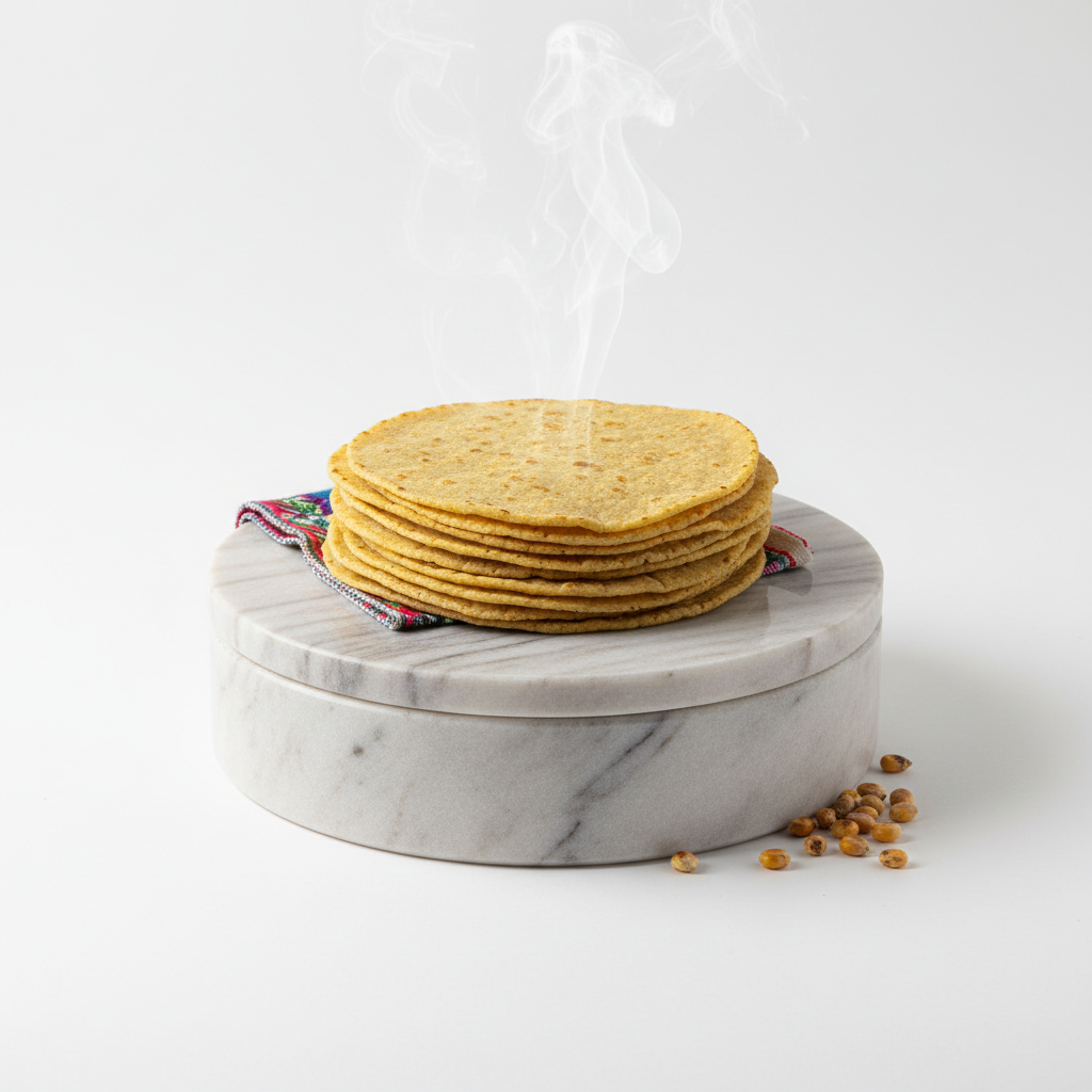 Tortillero de mármol con tortillas calientes mostrando funcionalidad y uso en mesa