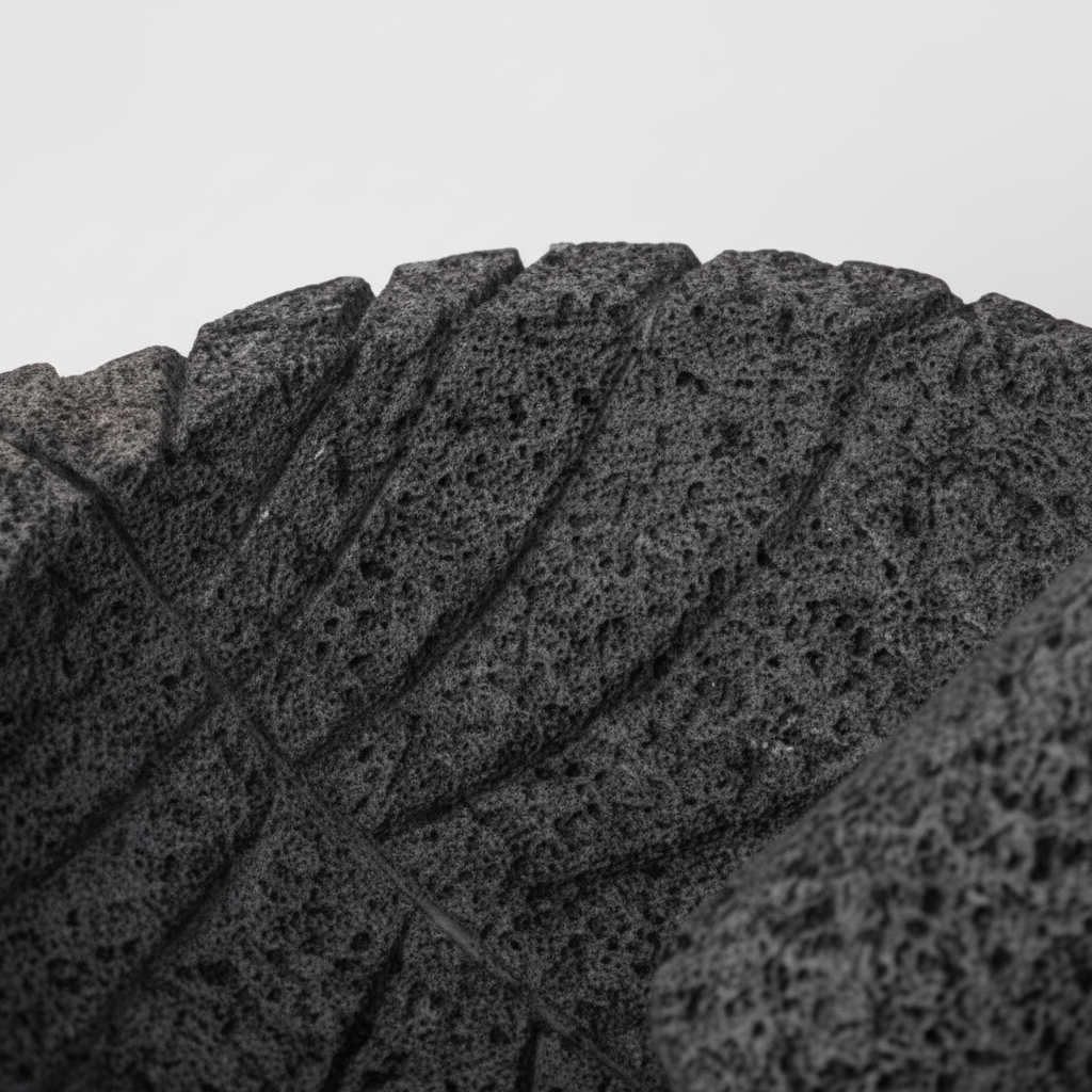 Detalle macro textura porosa de piedra volcánica basalto con vetas de hoja talladas artesanalmente, acabado natural gris