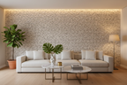 Malla Mil Hojas Blanco Cantera instalada en muro de acento interior
