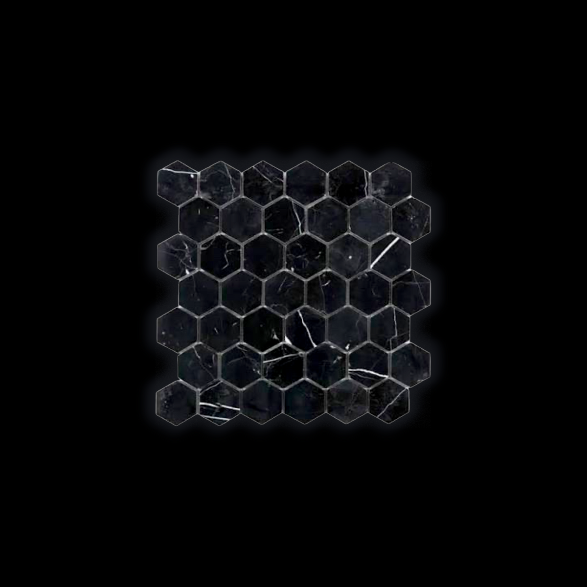 Canteras Naturales Santo Tomás black marble hexagon mosaic tile mesh with natural white veining on a black background.