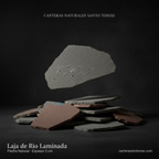 Piedra laja de río laminada en tonos gris y café para revestimiento de muros con acabado rústico natural.