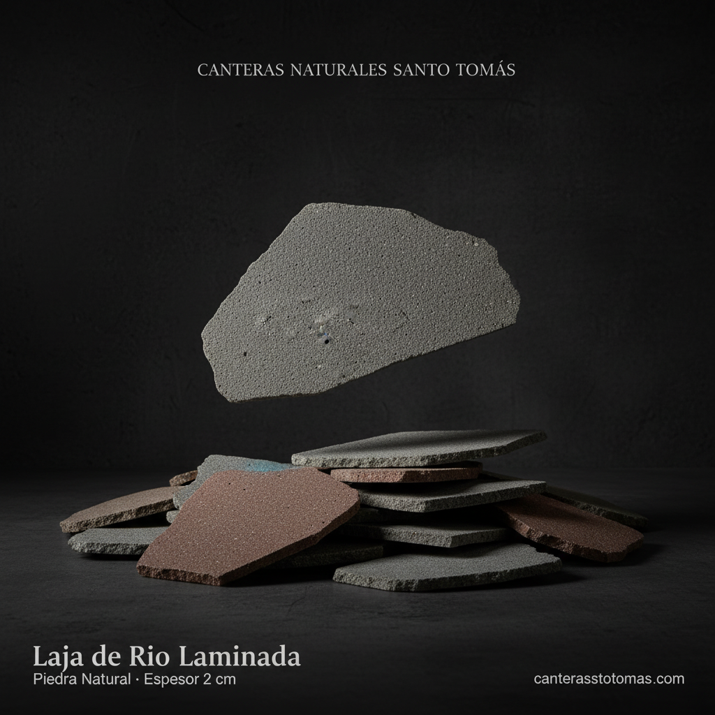 Piedra laja de río laminada en tonos gris y café para revestimiento de muros con acabado rústico natural.