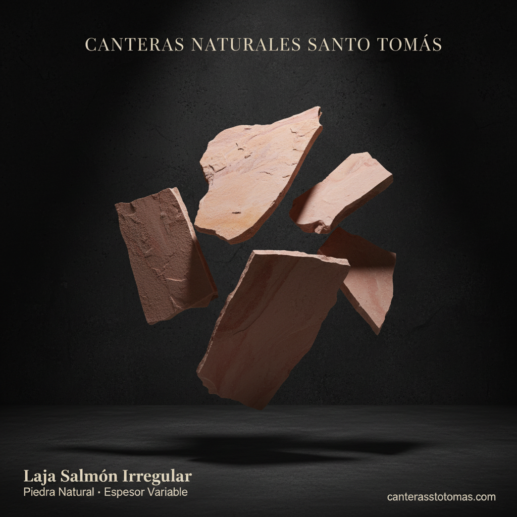 Piedra laja salmón natural de corte irregular para revestimiento de fachadas y muros sobre fondo oscuro.