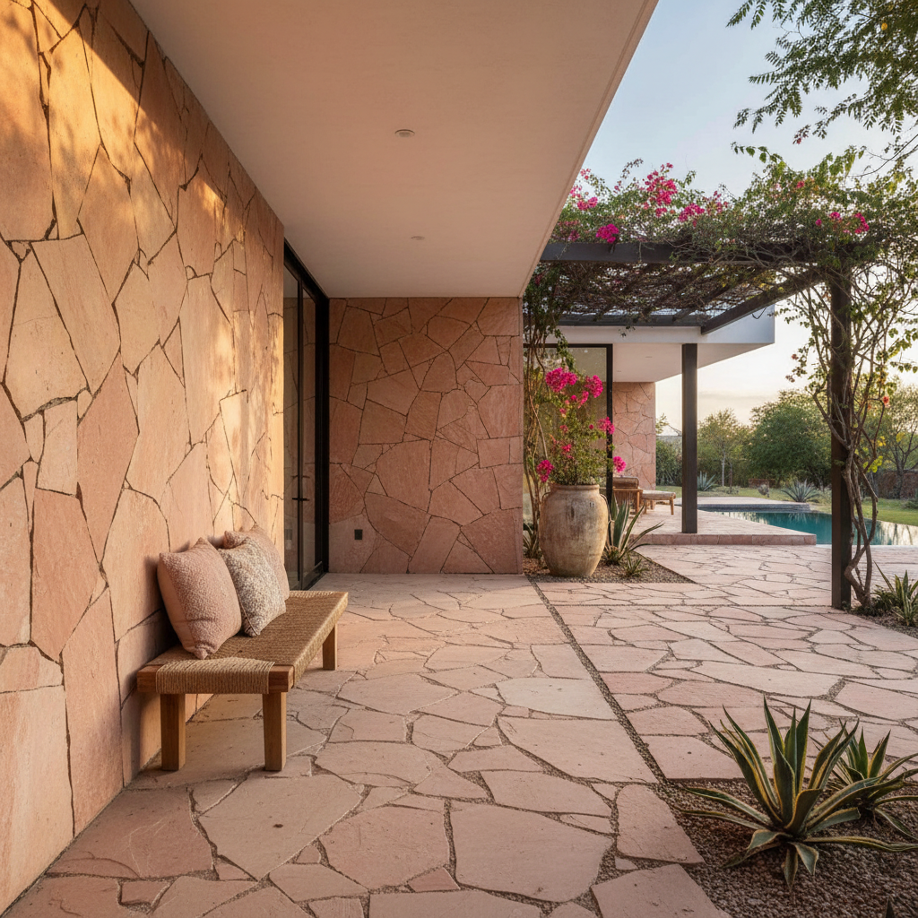 Fachada y piso exterior con piedra laja salmón irregular de acabado rústico en una terraza moderna con alberca.