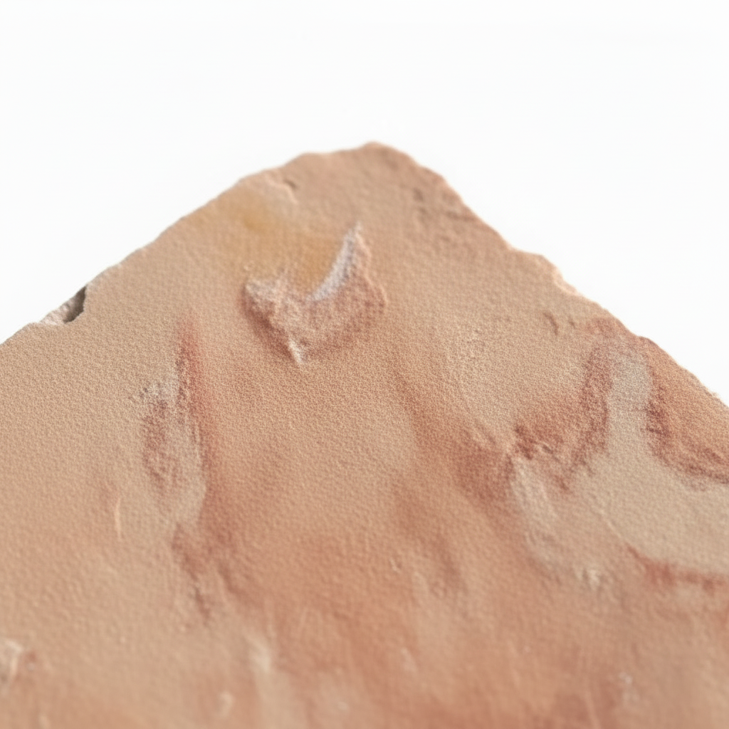 Primer plano de piedra laja salmón irregular con textura rústica natural para revestimiento de fachadas y muros.