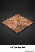 Vista isométrica de Laja Travertino Rojo, piedra natural por m2 con textura porosa y matices rojizos para muros y pisos.