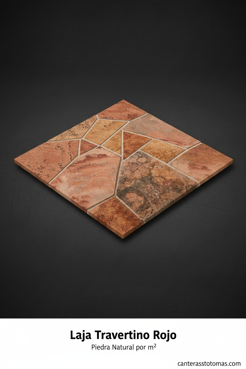 Vista isométrica de Laja Travertino Rojo, piedra natural por m2 con textura porosa y matices rojizos para muros y pisos.