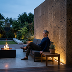 Muro de Cantera Café Galindo en fachada de patio moderno iluminado, con fogata y revestimiento de piedra natural.