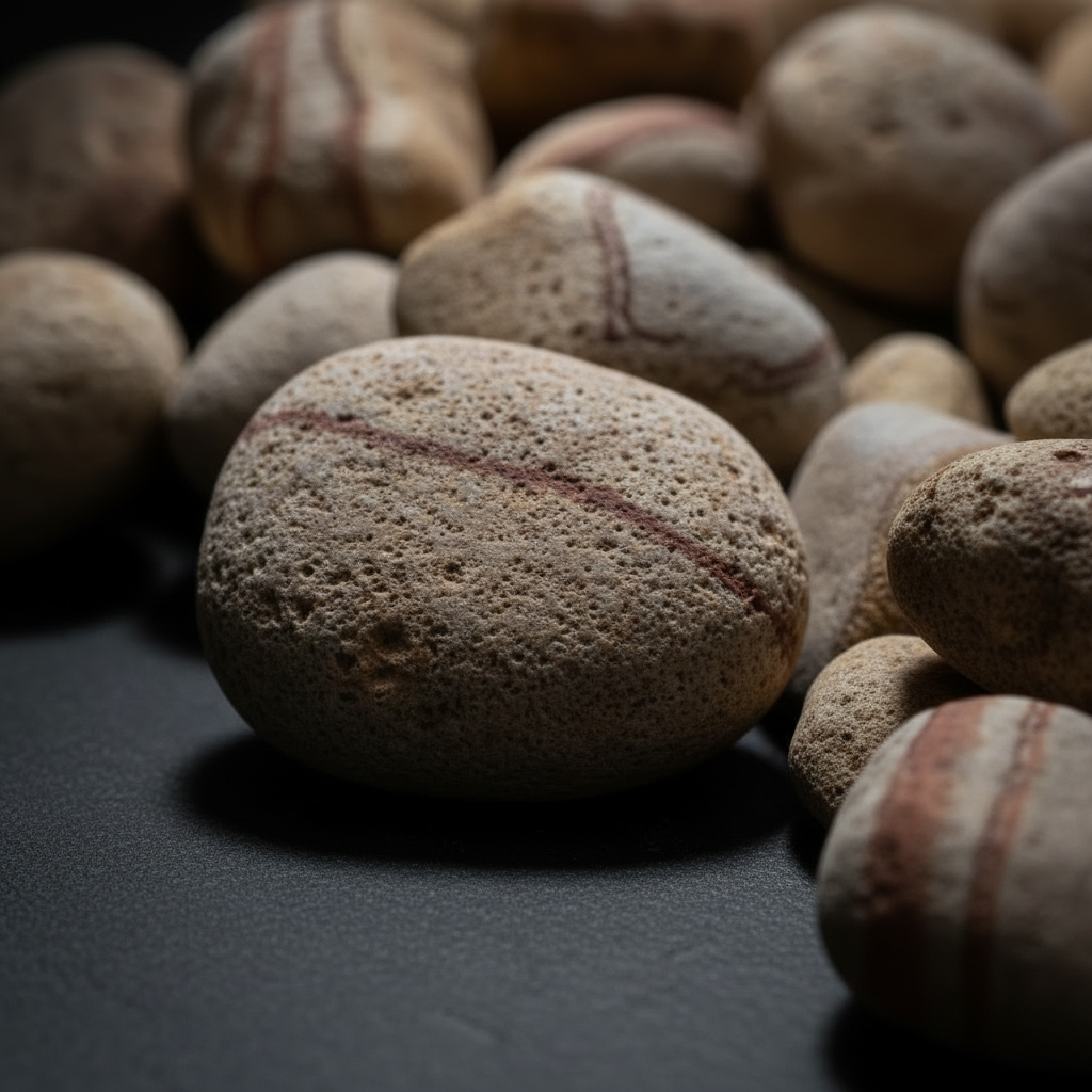 Primer plano de piedra bola arcoíris con textura porosa y vetas naturales para decoración de jardines y paisajismo.