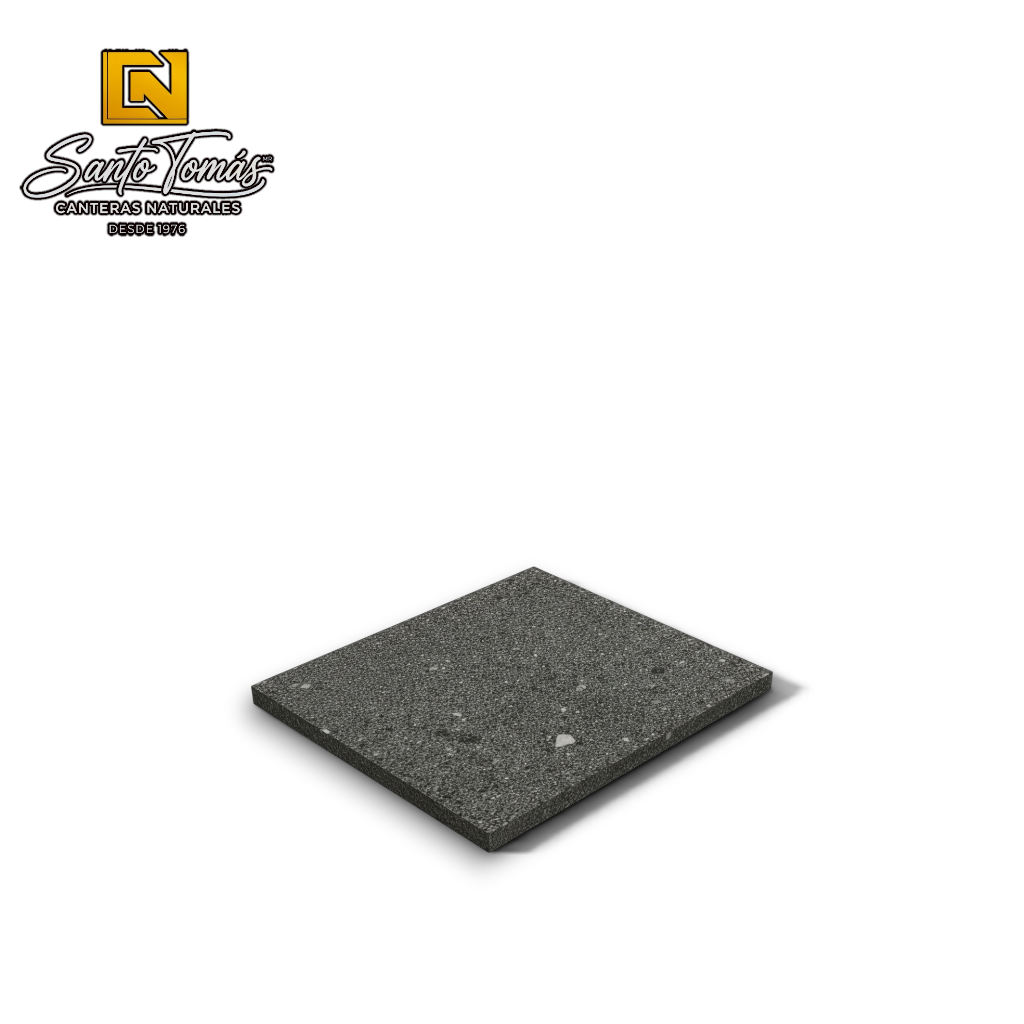 Muestra de piedra volcánica Recinto Negro con textura porosa para revestimiento de fachadas y muros.