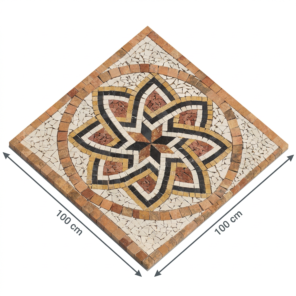 Render isométrico del tapete de mosaico con medidas de 100 cm