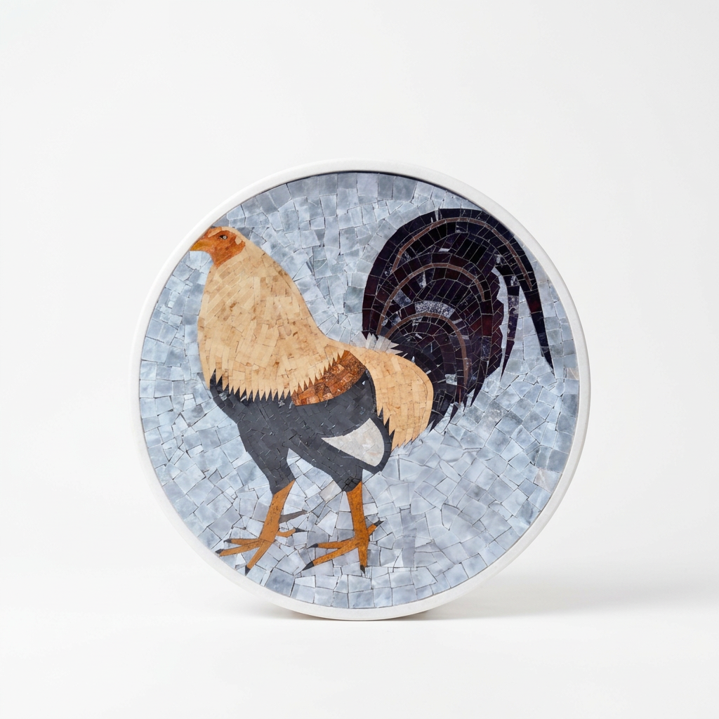 Tapete de mosaico de mármol artesanal Modelo #19, medallón redondo con diseño de gallo en tonos crema, café y negro sobre fondo gris con borde blanco