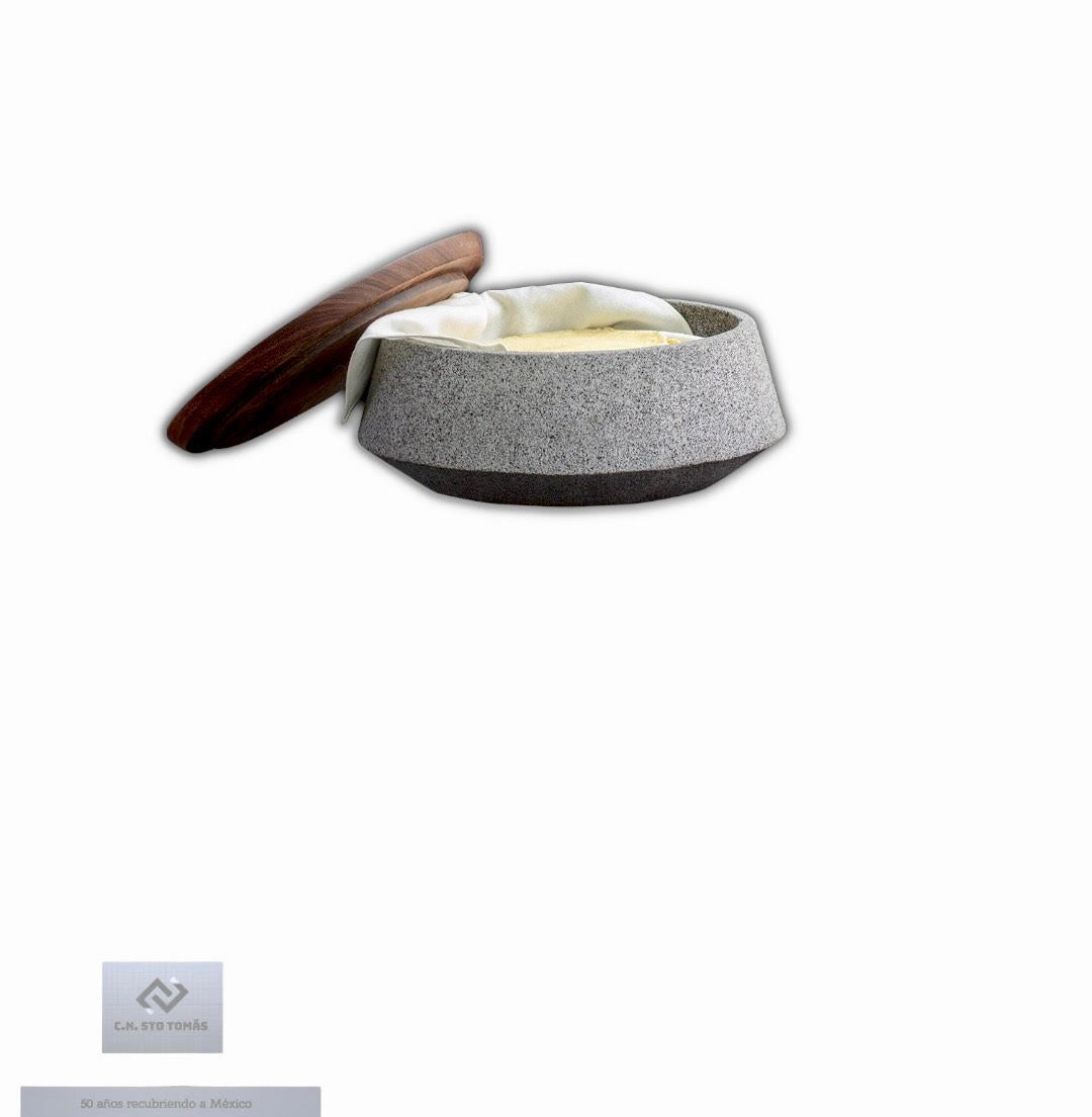 Tortillero de Piedra Volcánica con Tapa de Madera y Forro